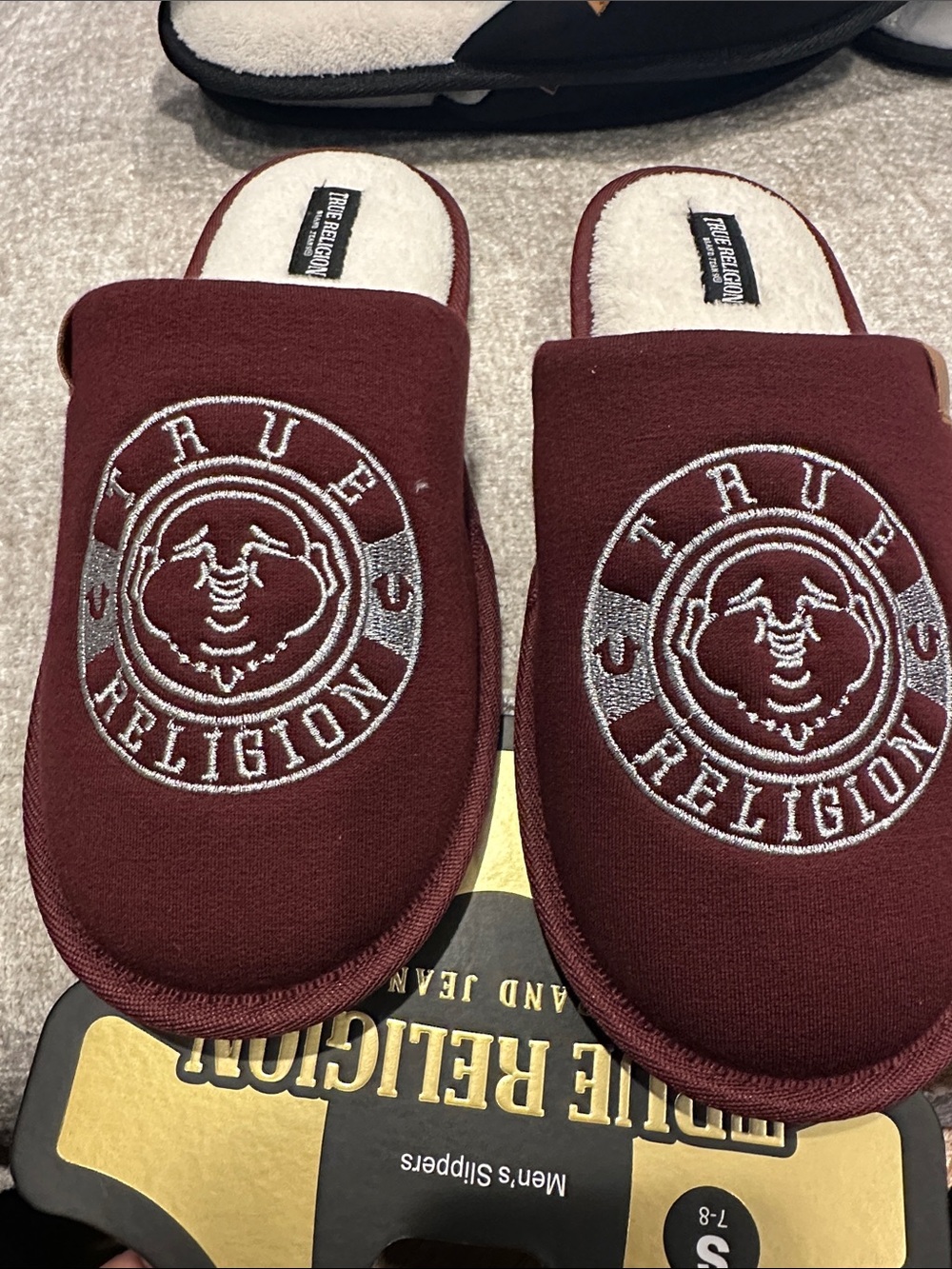 True Religion Burgundy Logo Embroidered Slip-On Slippers